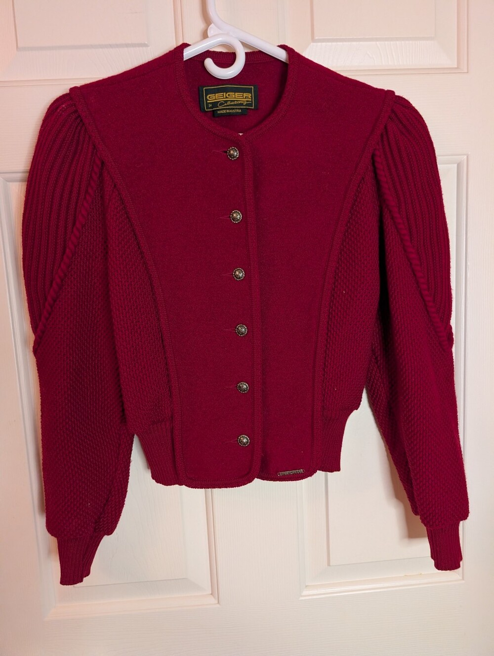 Vintage Geiger Austria Red Wool Cardigan Sweater Alpine Style EU 34